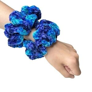 Crochet Scrunchie Oversized Hair Tie Set of 2 Blue Plush Crushed Velvet Handmade